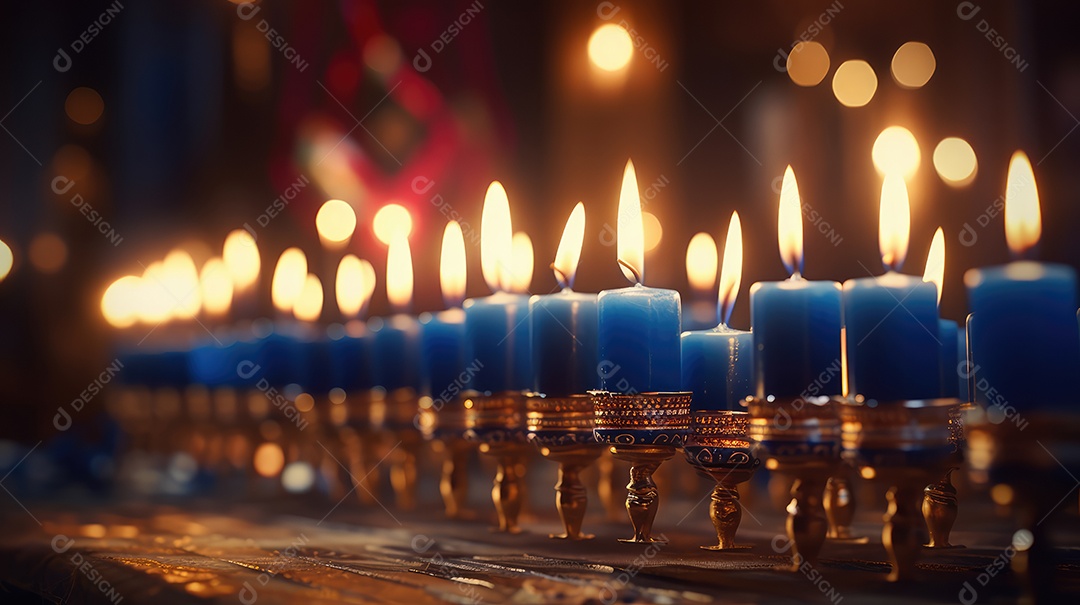 Cerimônia de acendimento das velas da menorá durante a celebração do Hanukkah. Atmosfera acolhedora e luzes de velas