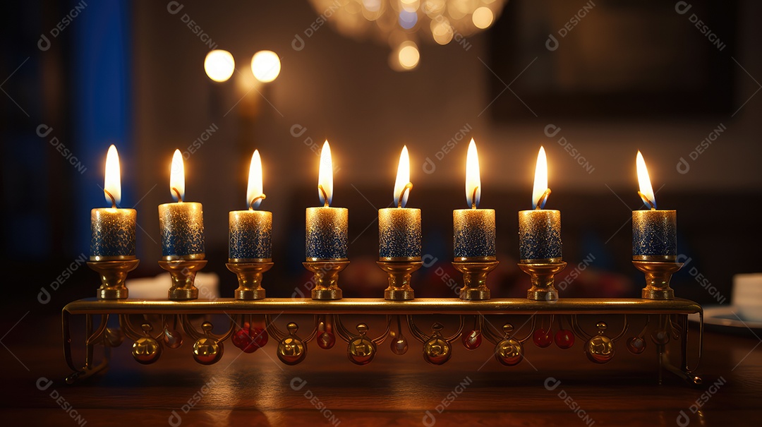 Cerimônia de acendimento das velas da menorá durante a celebração do Hanukkah. Atmosfera acolhedora e luzes de velas