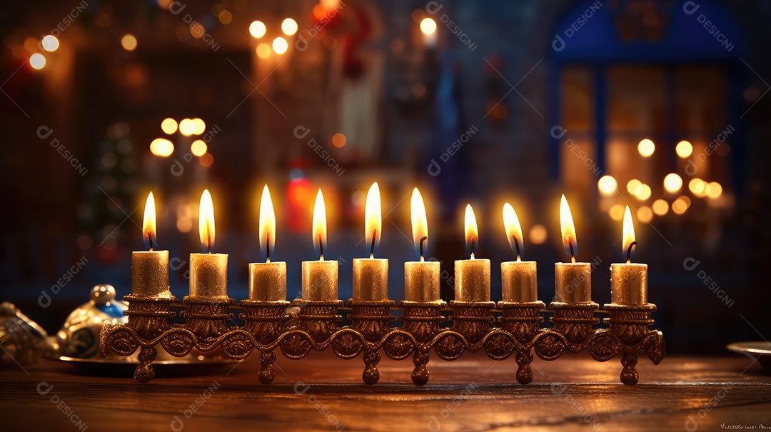 Cerimônia de acendimento das velas da menorá durante a celebração do Hanukkah. Atmosfera acolhedora e luzes de velas