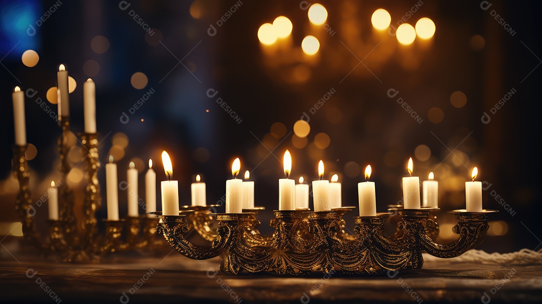 Cerimônia de acendimento das velas da menorá durante a celebração do Hanukkah. Atmosfera acolhedora e luzes de velas