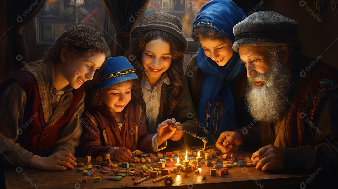 Família se divertindo jogando Dreidel durante o Hanukkah, cores vibrantes e alegria do jogo tradicional