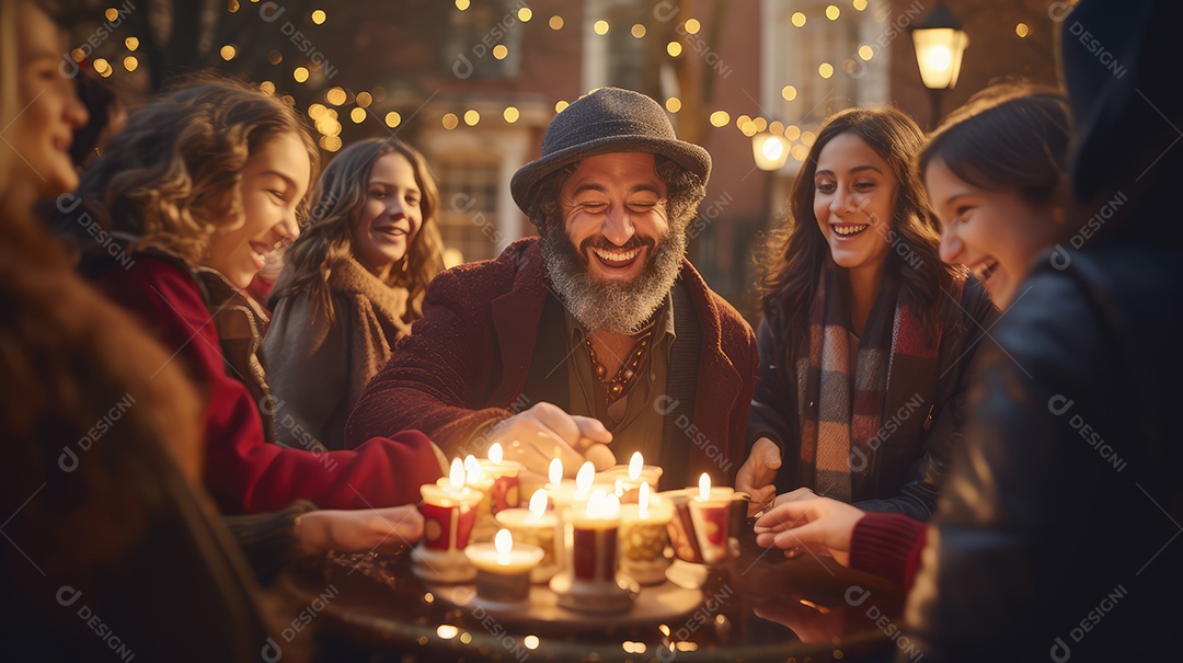 Família se divertindo jogando Dreidel durante o Hanukkah, cores vibrantes e alegria do jogo tradicional