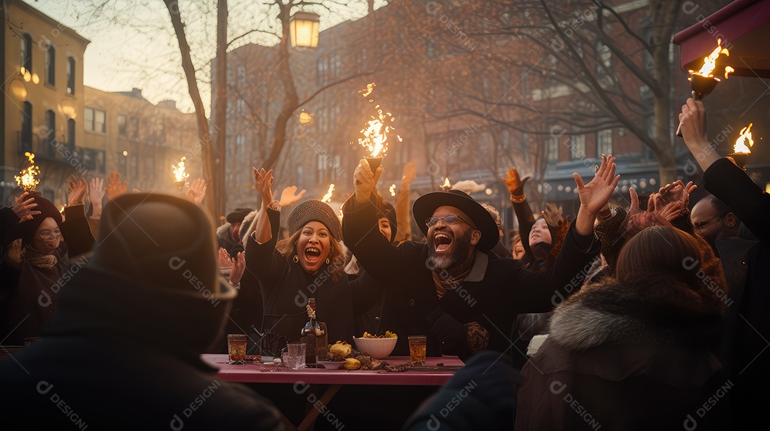 Família se divertindo jogando Dreidel durante o Hanukkah, cores vibrantes e alegria do jogo tradicional