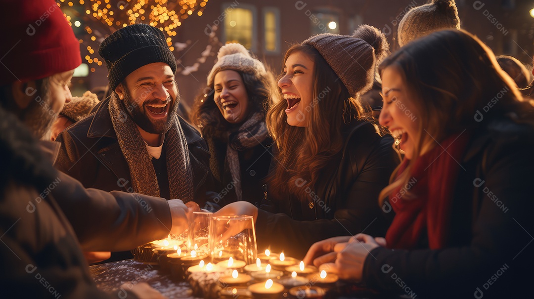 Família se divertindo jogando Dreidel durante o Hanukkah, cores vibrantes e alegria do jogo tradicional