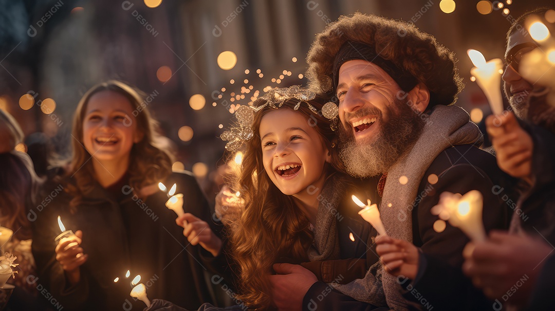 Família se divertindo jogando Dreidel durante o Hanukkah, cores vibrantes e alegria do jogo tradicional