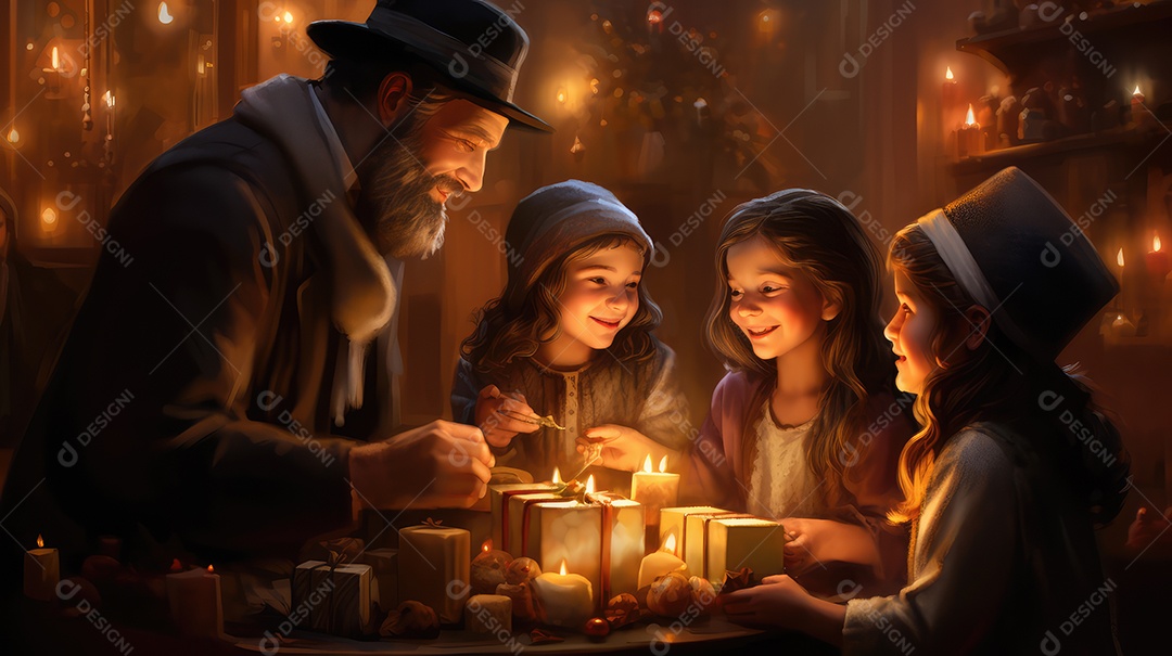 Família se divertindo jogando Dreidel durante o Hanukkah, cores vibrantes e alegria do jogo tradicional
