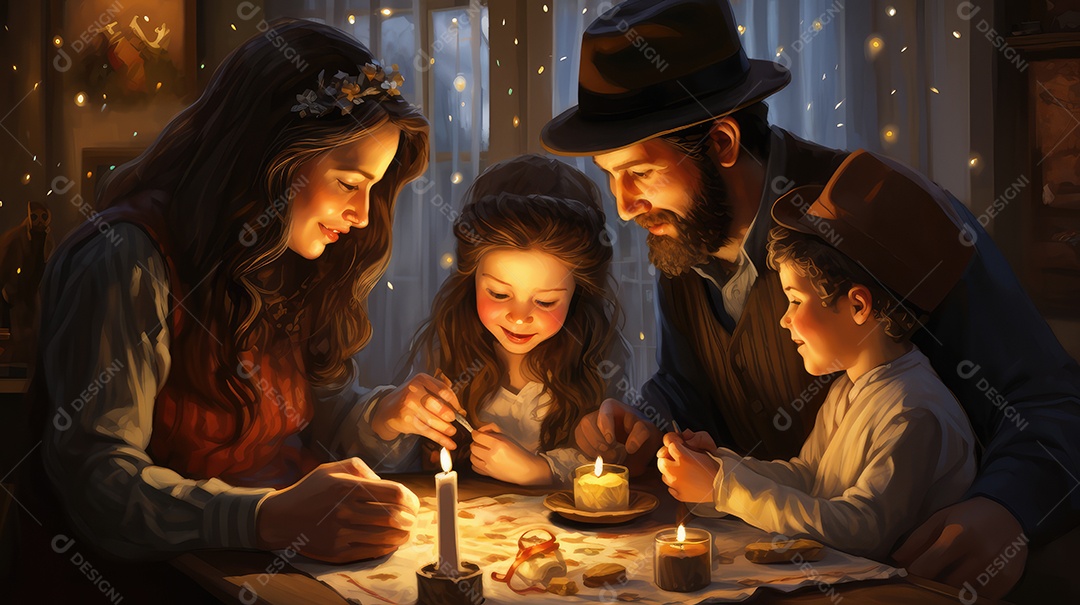 Família se divertindo jogando Dreidel durante o Hanukkah, cores vibrantes e alegria do jogo tradicional