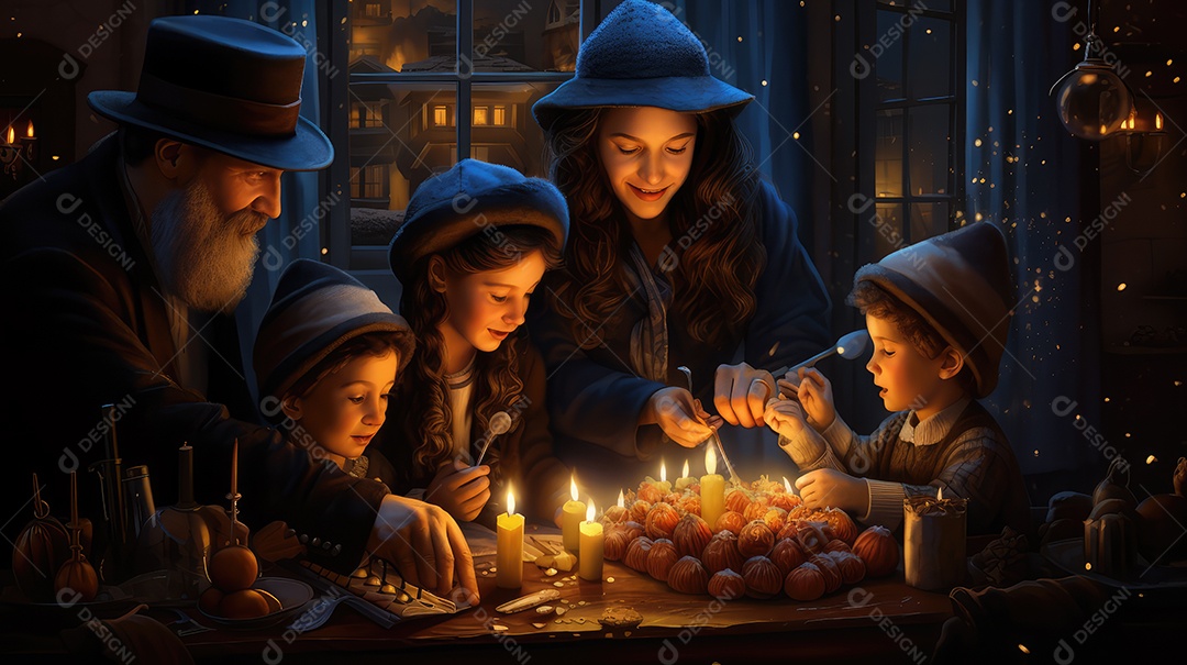 Família se divertindo jogando Dreidel durante o Hanukkah, cores vibrantes e alegria do jogo tradicional