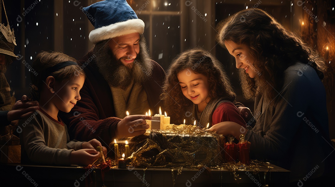 Família se divertindo jogando Dreidel durante o Hanukkah, cores vibrantes e alegria do jogo tradicional