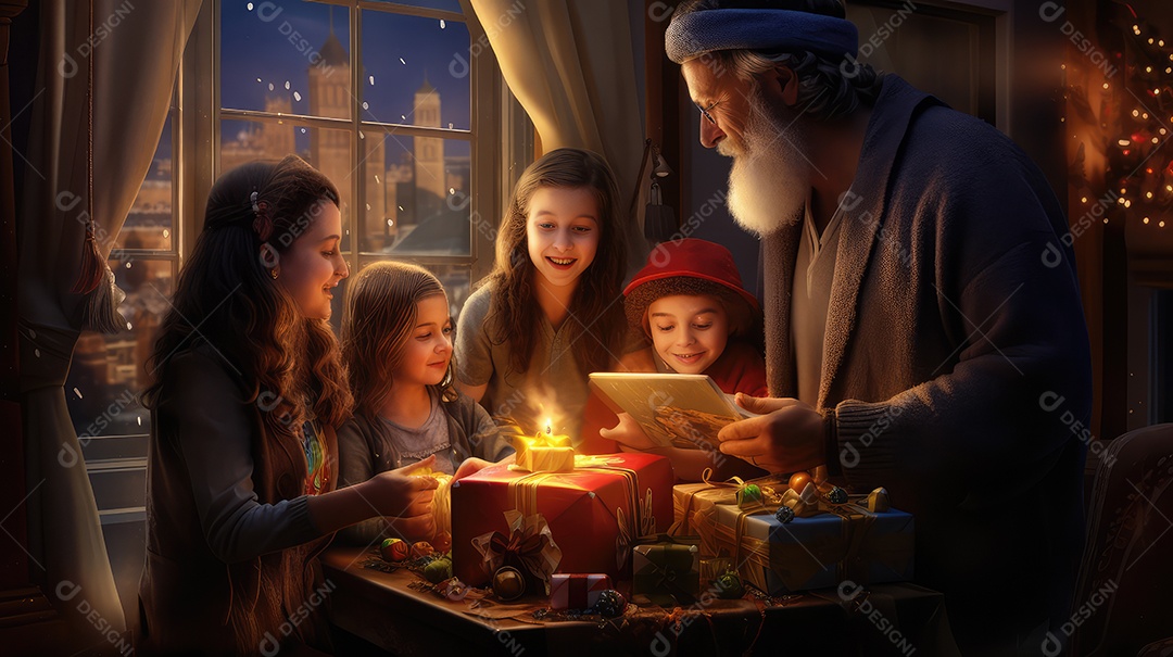 Família se divertindo jogando Dreidel durante o Hanukkah, cores vibrantes e alegria do jogo tradicional