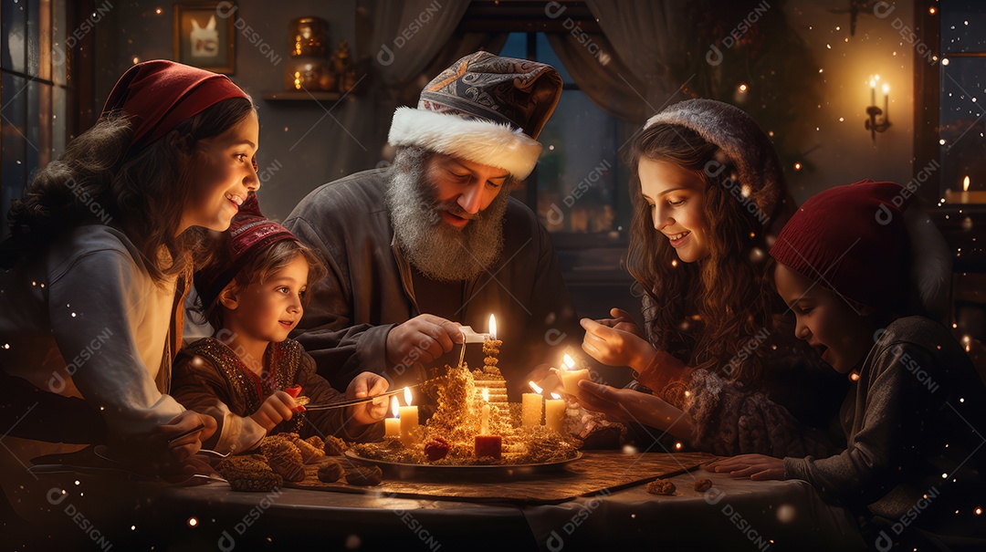 Família se divertindo jogando Dreidel durante o Hanukkah, cores vibrantes e alegria do jogo tradicional