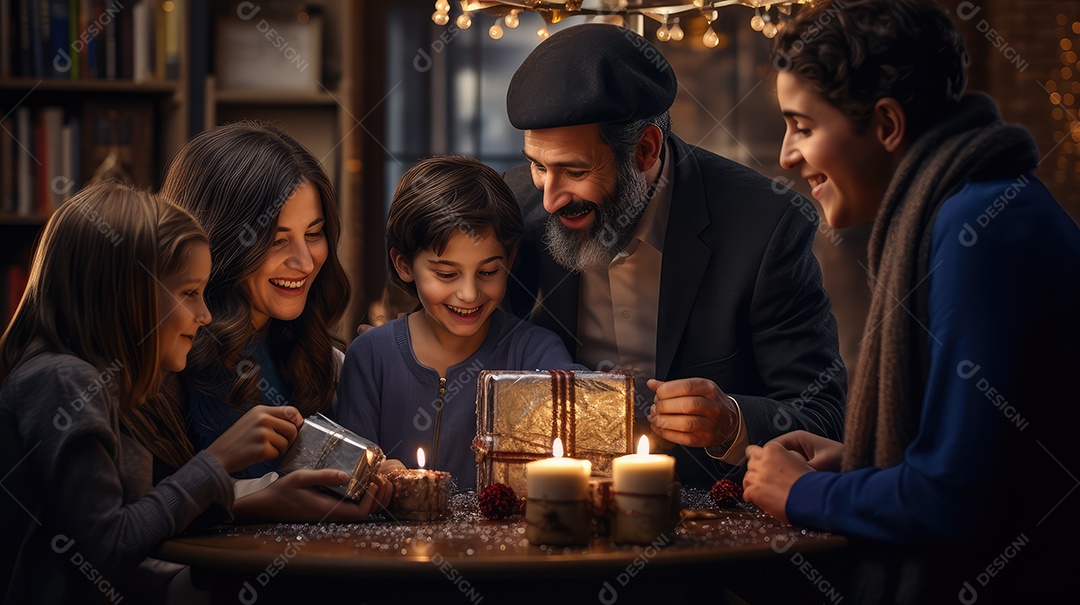 Família se divertindo jogando Dreidel durante o Hanukkah, cores vibrantes e alegria do jogo tradicional