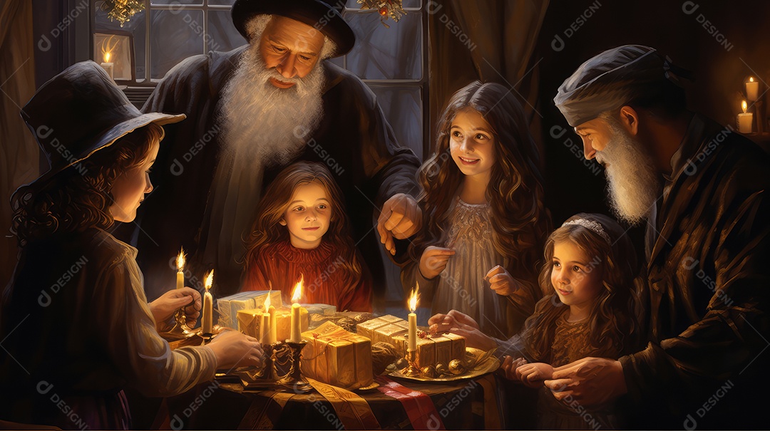 Família se divertindo jogando Dreidel durante o Hanukkah, cores vibrantes e alegria do jogo tradicional