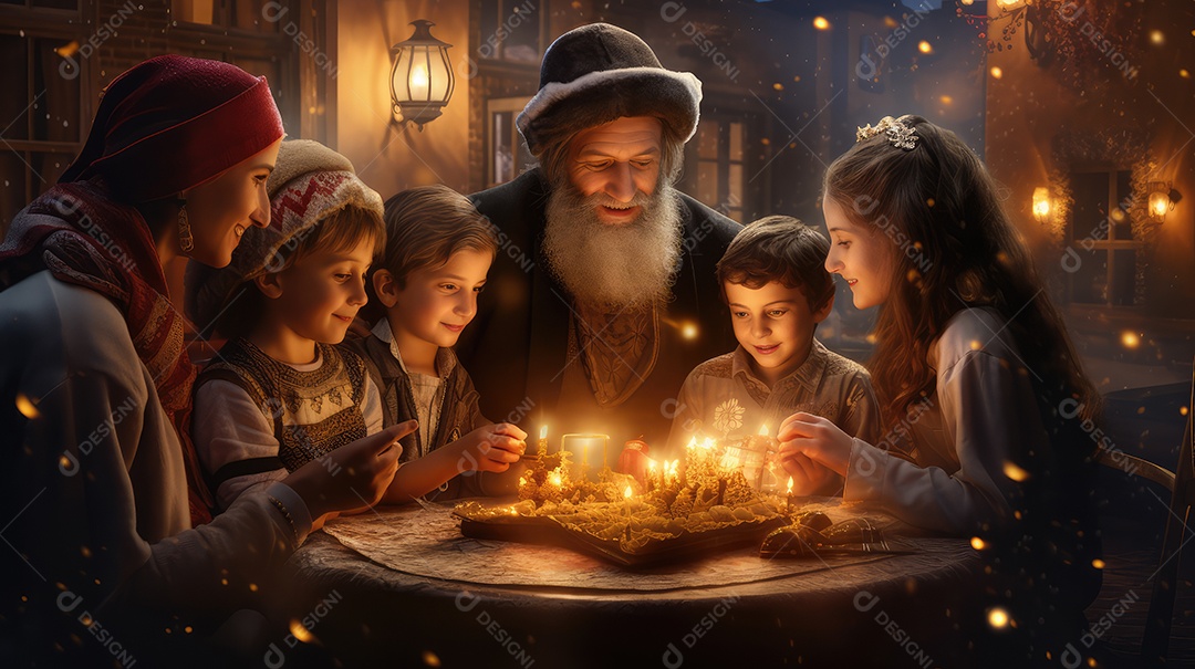 Família se divertindo jogando Dreidel durante o Hanukkah, cores vibrantes e alegria do jogo tradicional