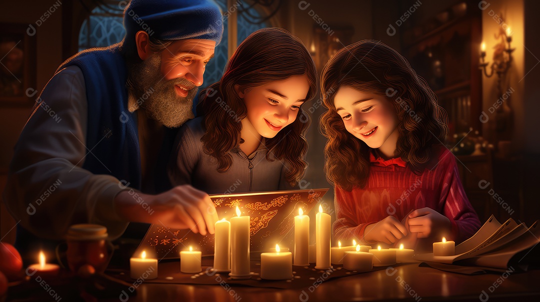 Família se divertindo jogando Dreidel durante o Hanukkah, cores vibrantes e alegria do jogo tradicional