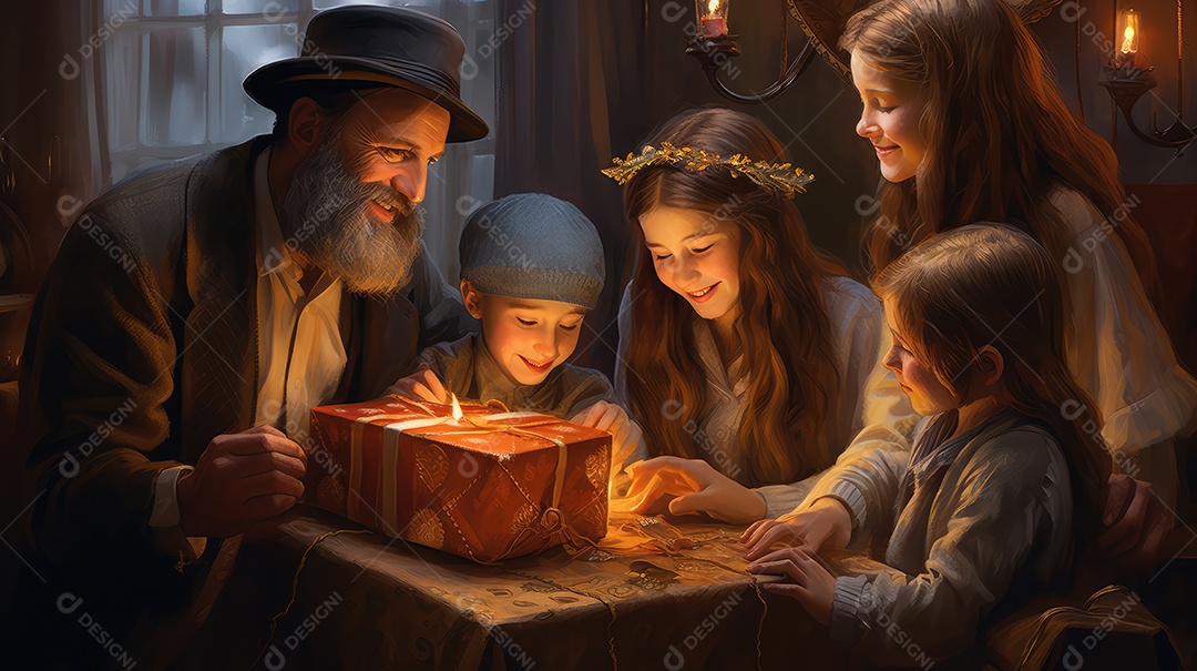 Família se divertindo jogando Dreidel durante o Hanukkah, cores vibrantes e alegria do jogo tradicional