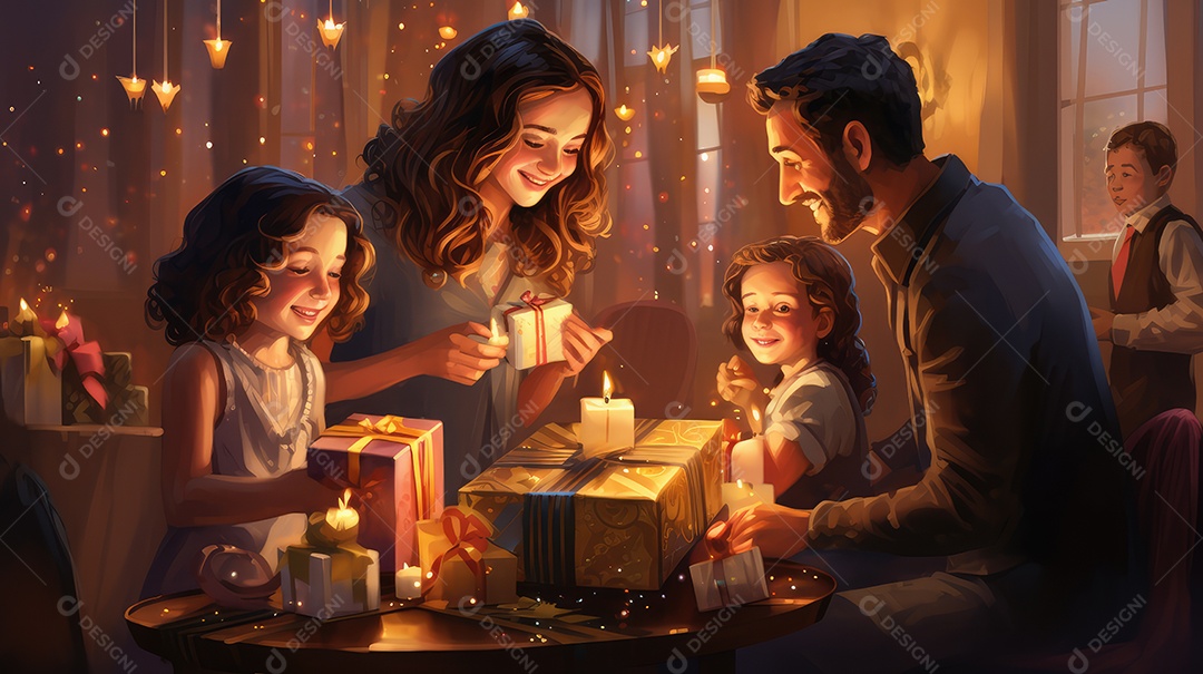 Família se divertindo jogando Dreidel durante o Hanukkah, cores vibrantes e alegria do jogo tradicional