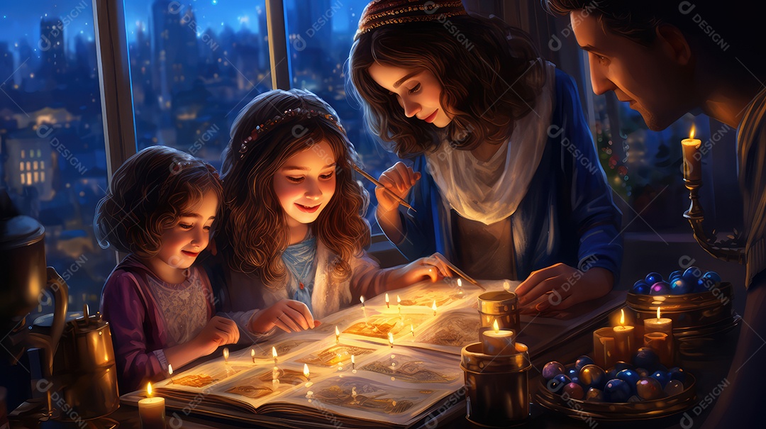 Família se divertindo jogando Dreidel durante o Hanukkah, cores vibrantes e alegria do jogo tradicional