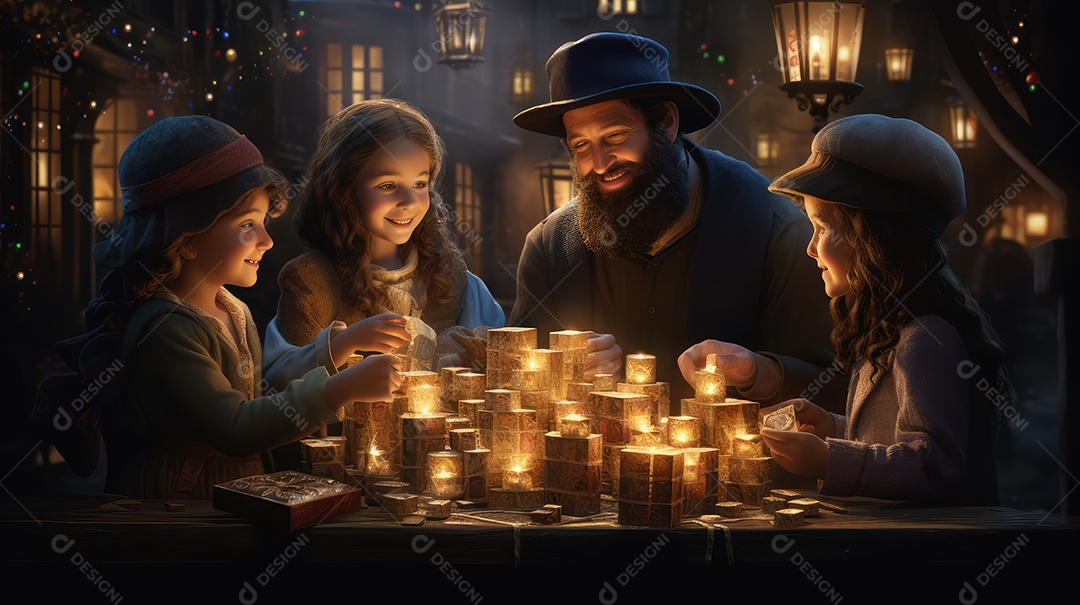 Família se divertindo jogando Dreidel durante o Hanukkah, cores vibrantes e alegria do jogo tradicional