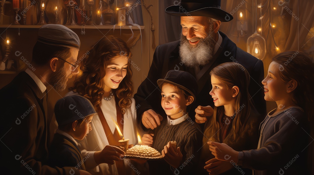 Família se divertindo jogando Dreidel durante o Hanukkah, cores vibrantes e alegria do jogo tradicional