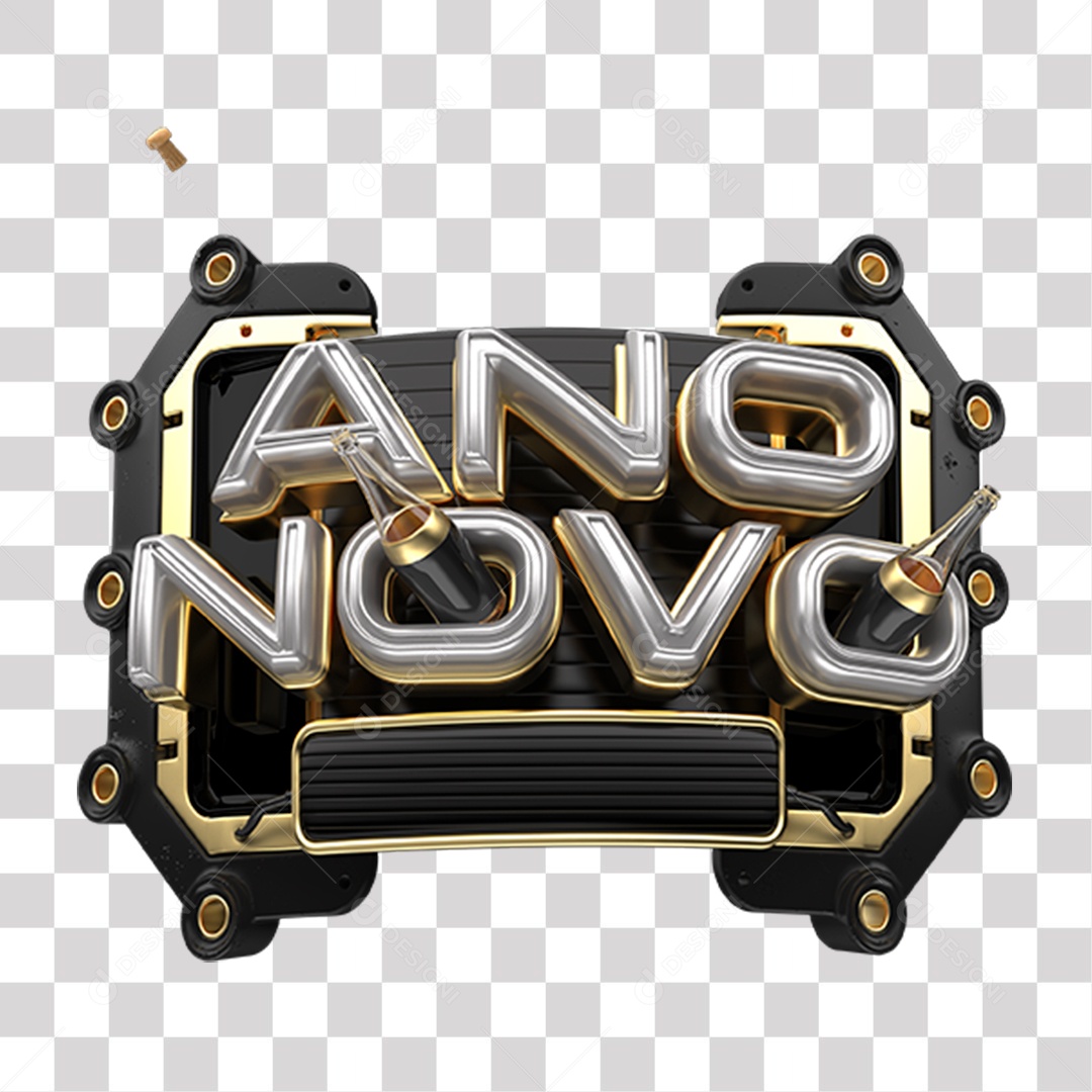 Ano Novo Selo 3D Preto Cinza e Dourado para Composição PNG Transparente Sem Fundo