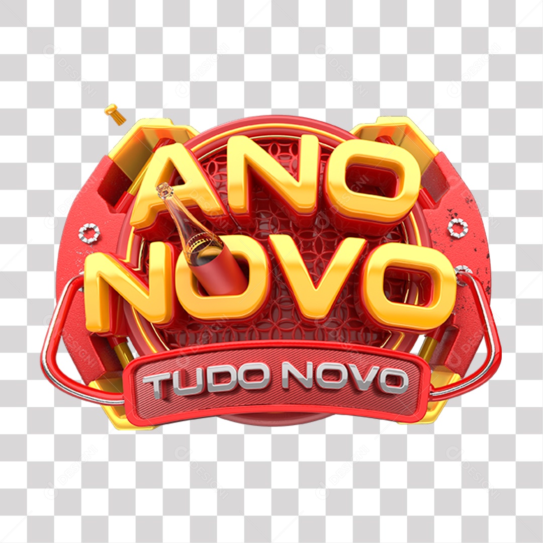 Ano Novo Tudo Novo Selo 3D Vermelho Amarelo e Cinza para Composição PNG Transparente Sem Fundo