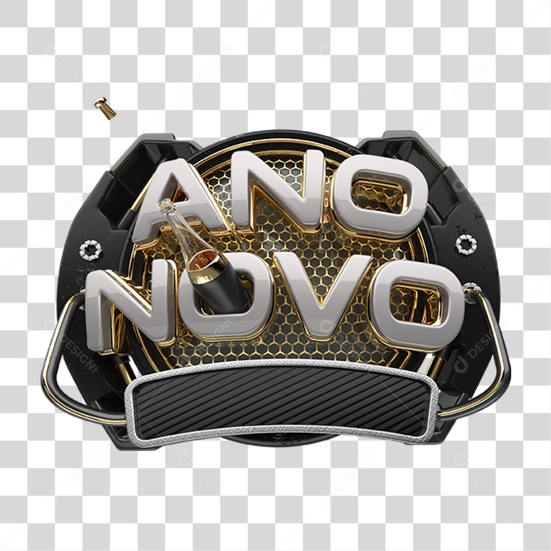 Ano Novo Selo 3D Preto Cinza e Dourado para Composição PNG Transparente Sem Fundo