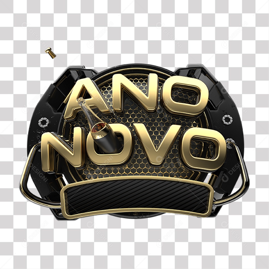 Ano Novo Selo 3D Preto e Dourado para Composição PNG Transparente Sem Fundo