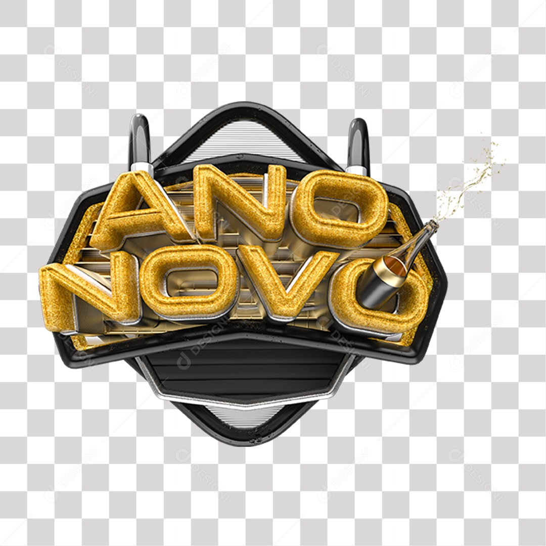 Ano Novo Selo 3D Preto e Amarelo para Composição PNG Transparente Sem Fundo
