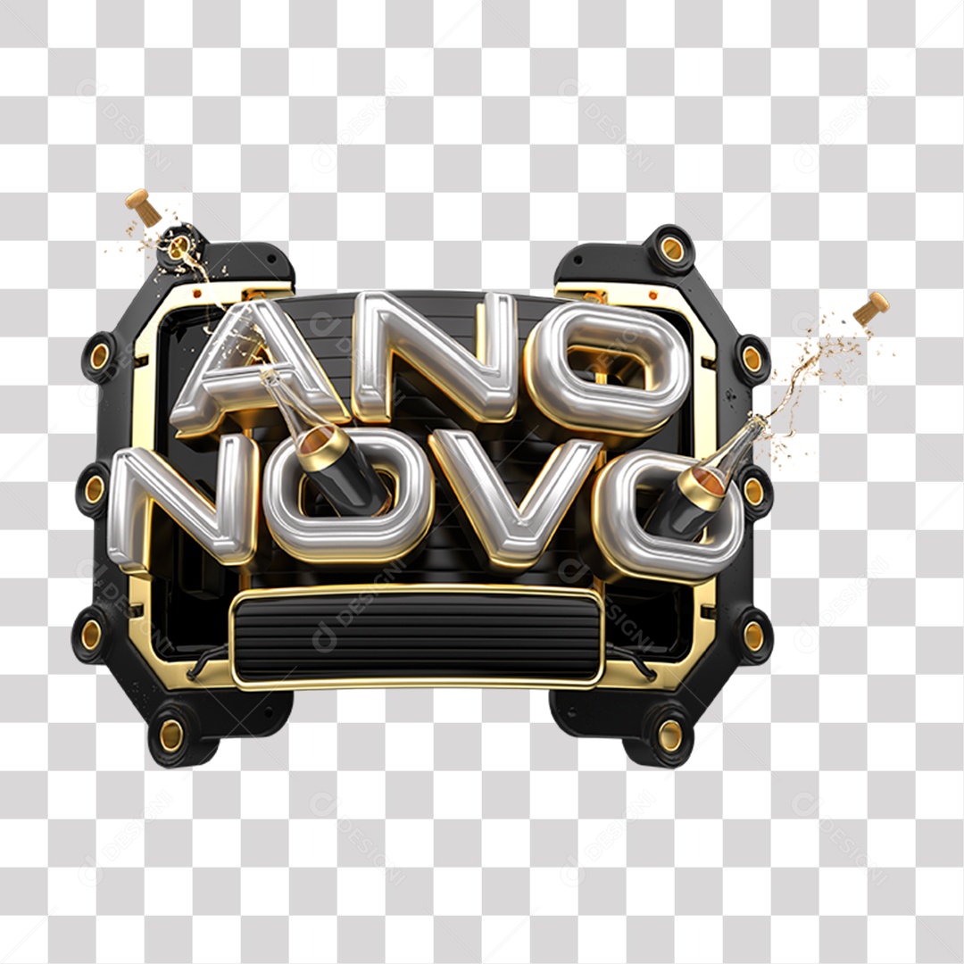 Ano Novo Selo 3D Preto Cinza e Dourado para Composição PNG Transparente Sem Fundo