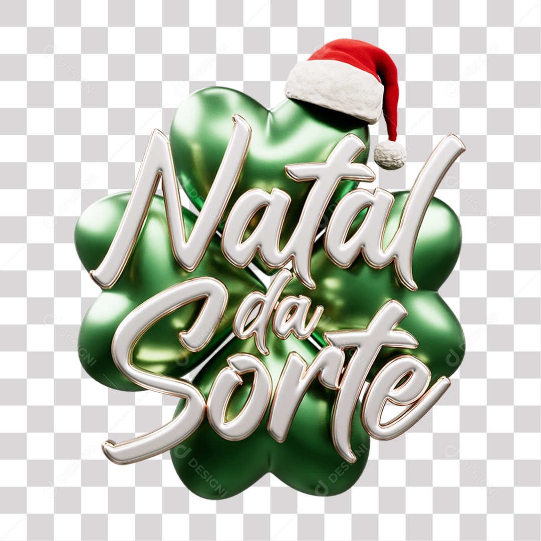 Natal da Sorte Selo 3D Branco Dourado e Verde para Composição PNG Transparente Sem Fundo