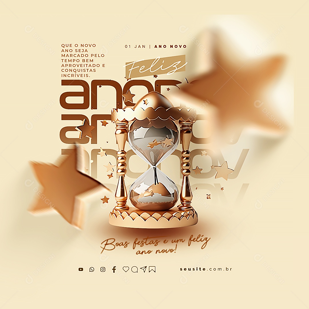 Feliz Ano Novo Que Novo Ano Seja Marcado Pelo Tempo Bem Aproveitado e Conquistas Social Media PSD Editável