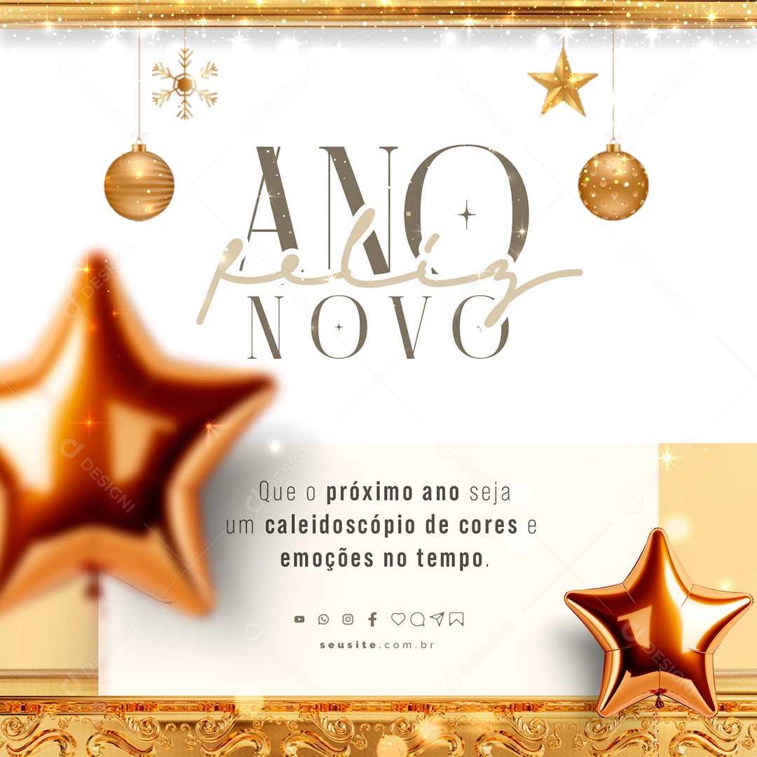 Feliz Ano Novo Que o Próximo Ano Seja um Caleidoscópio de Cores e Emoções Social Media PSD Editável