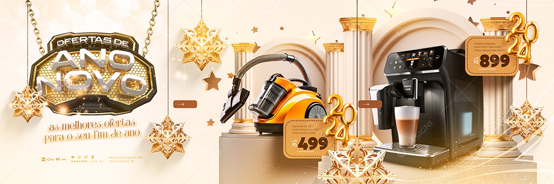 Carrossel Ofertas De Ano Novo Eletrodoméstico Aspirador de Pó e Cafeteria Social Media PSD Editável