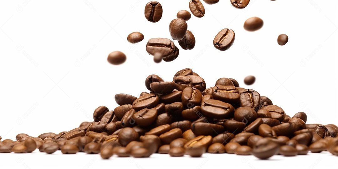 Um monte de grãos de café e grãos de café caindo sobre um fundo branco