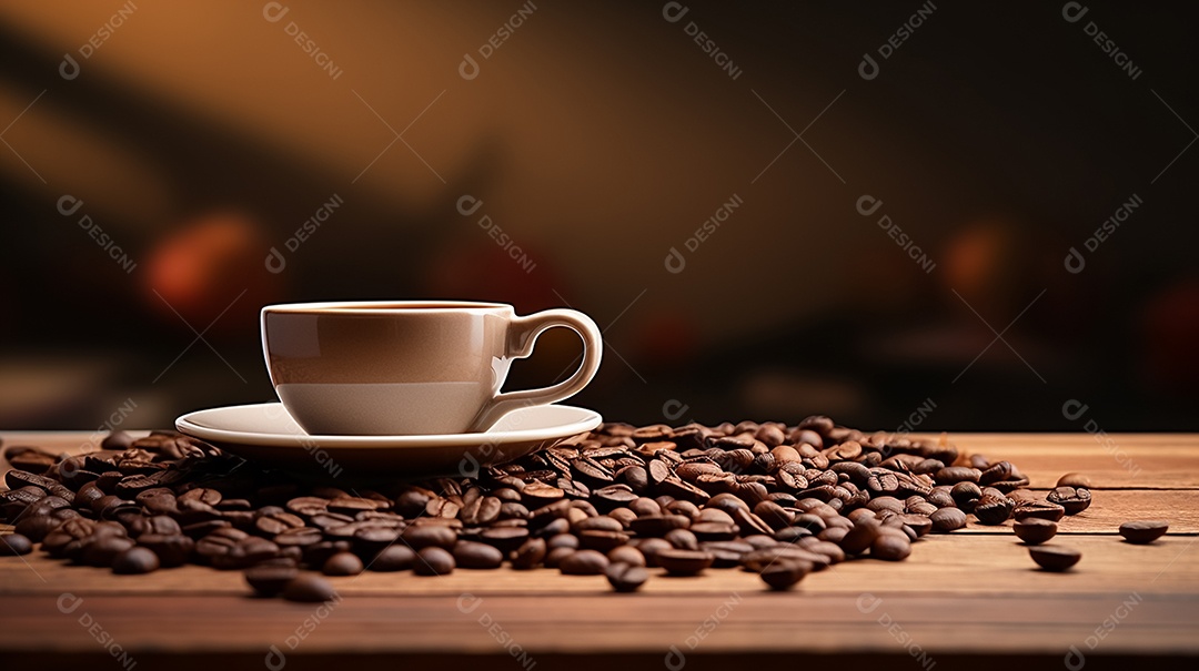 Xícara de café e grãos torrados sobre a mesa
