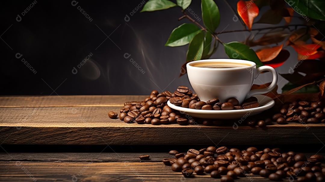 Xícara de café e grãos torrados sobre a mesa