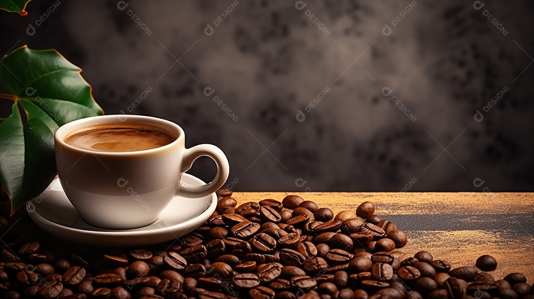 Xícara de café e grãos torrados sobre a mesa