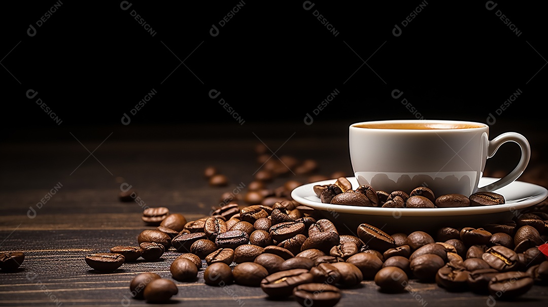 Xícara de café e grãos torrados sobre a mesa