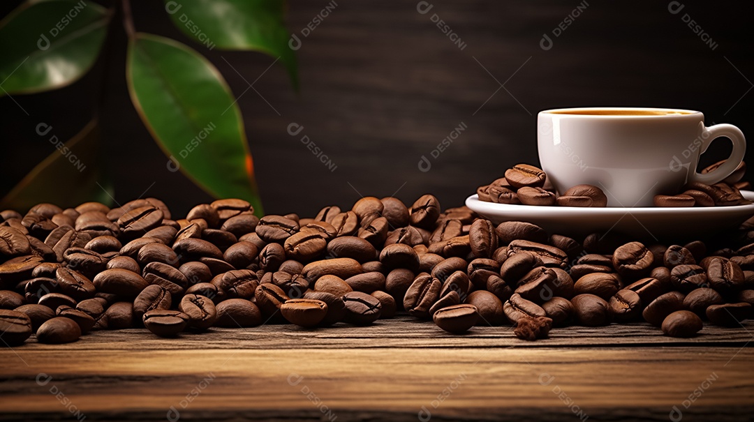 Xícara de café e grãos torrados sobre a mesa