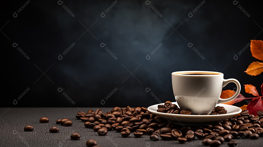 Xícara de café e grãos torrados sobre a mesa