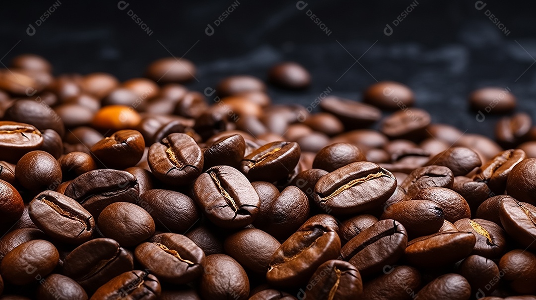 Grãos de café em ordem diagonal de fundo escuro alinhados