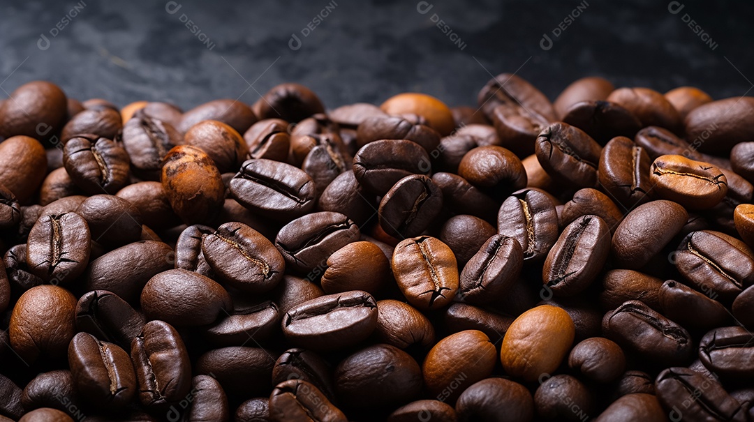 Grãos de café em ordem diagonal de fundo escuro alinhados