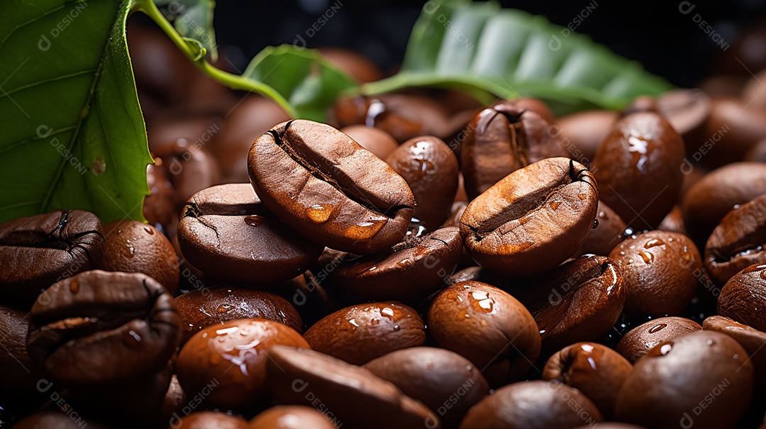 Grãos de café em ordem diagonal de fundo escuro alinhados