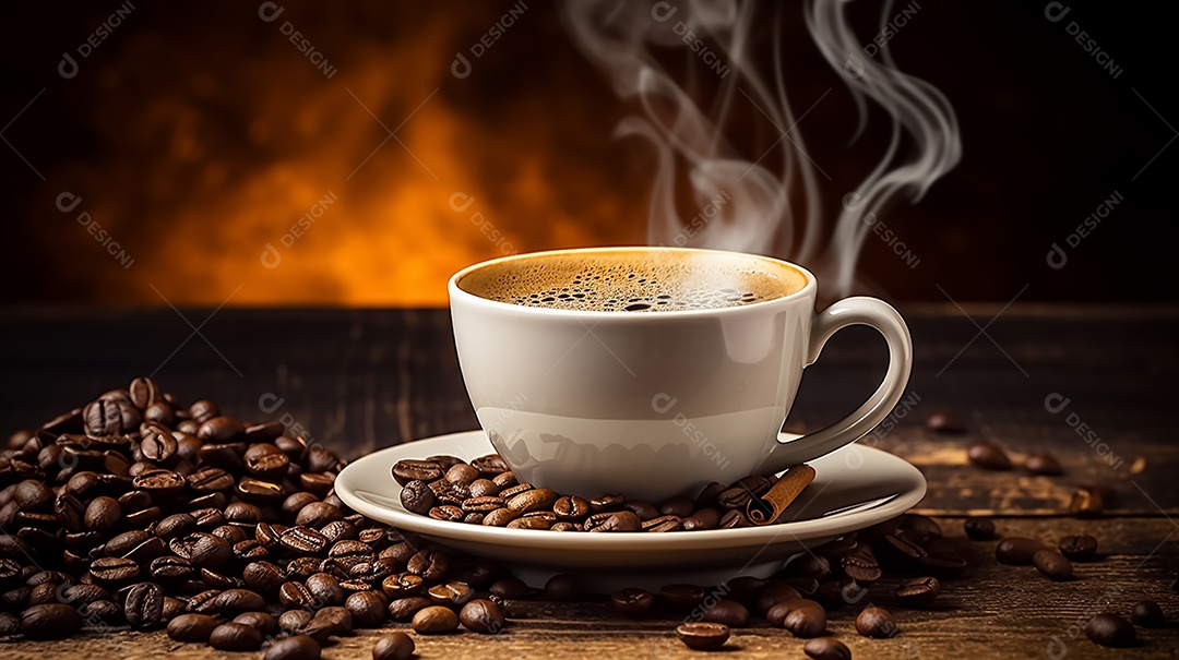 Xícara de café quente e grãos de café