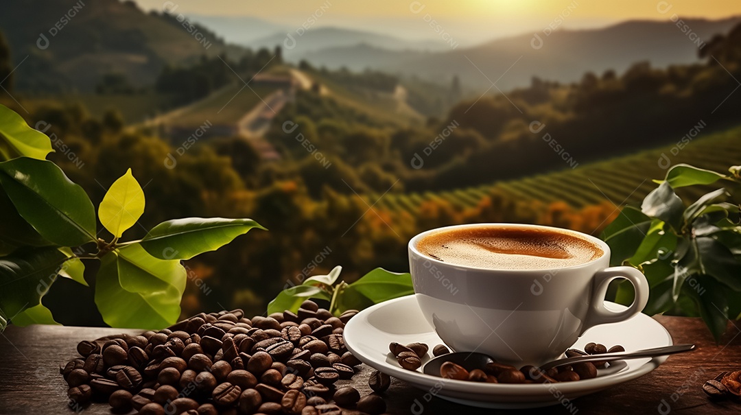 Xícara de café quente e grãos de café