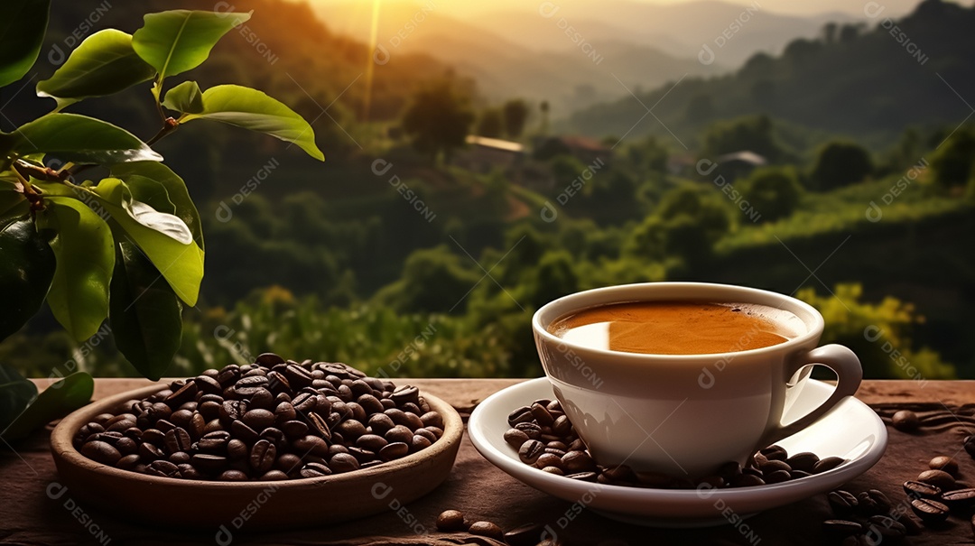 Xícara de café quente e grãos de café