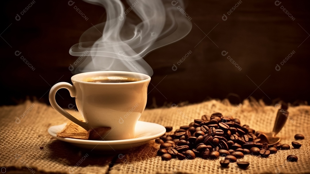 Xícara de café com grãos na mesa de madeira