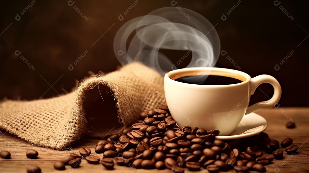 Xícara de café com grãos na mesa de madeira