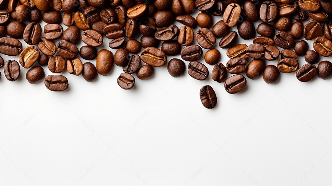 Grãos de café torrados em fundo branco com espaço de cópia